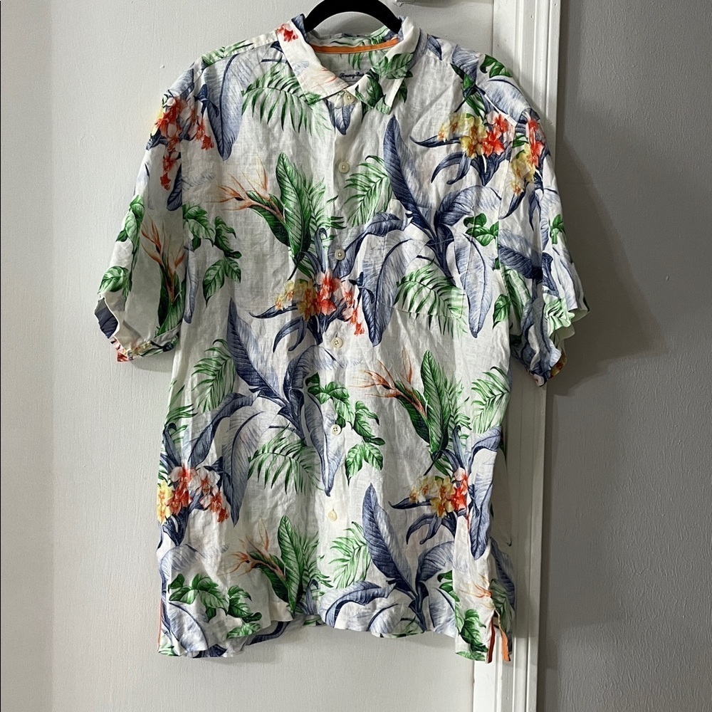 Tommy Bahama Tropical Print Shirt - Green and Orange Accents - Picture 3 of 13